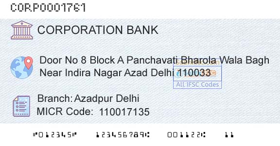 Corporation Bank Azadpur DelhiBranch 