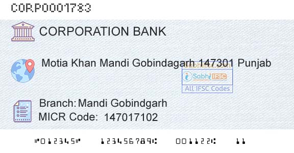 Corporation Bank Mandi GobindgarhBranch 