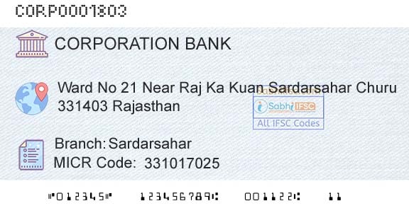 Corporation Bank SardarsaharBranch 