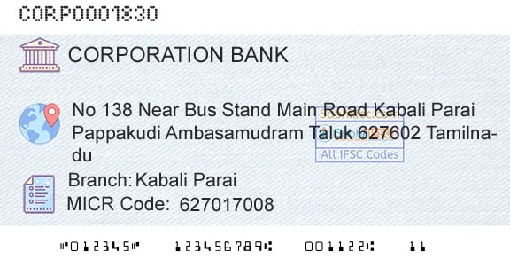 Corporation Bank Kabali ParaiBranch 