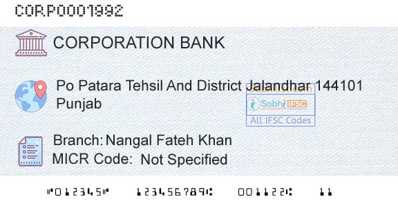 Corporation Bank Nangal Fateh KhanBranch 