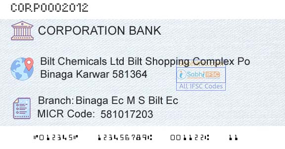 Corporation Bank Binaga Ec M S Bilt EcBranch 