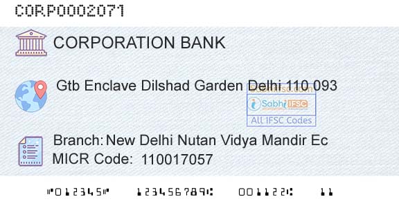 Corporation Bank New Delhi Nutan Vidya Mandir EcBranch 