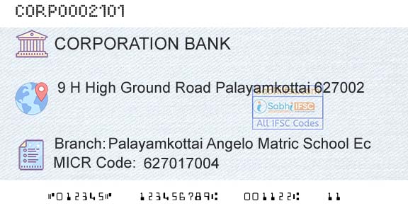 Corporation Bank Palayamkottai Angelo Matric School EcBranch 
