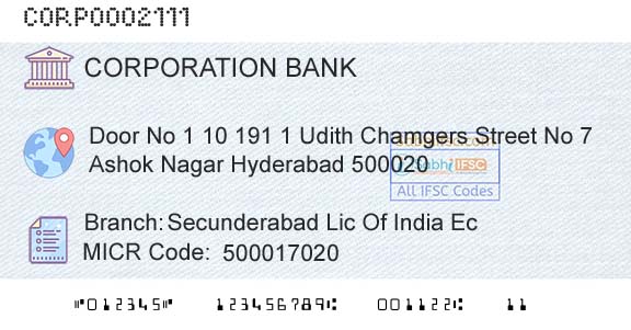 Corporation Bank Secunderabad Lic Of India EcBranch 