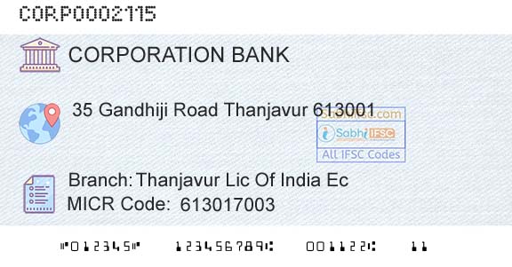 Corporation Bank Thanjavur Lic Of India EcBranch 