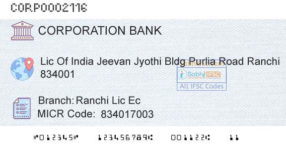Corporation Bank Ranchi Lic EcBranch 