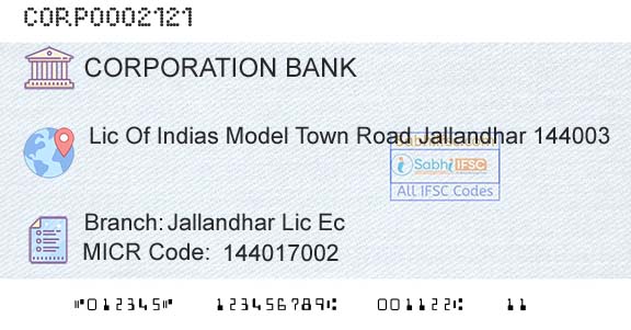 Corporation Bank Jallandhar Lic EcBranch 