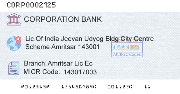 Corporation Bank Amritsar Lic EcBranch 