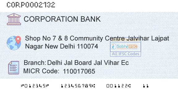 Corporation Bank Delhi Jal Board Jal Vihar EcBranch 