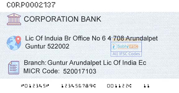 Corporation Bank Guntur Arundalpet Lic Of India EcBranch 
