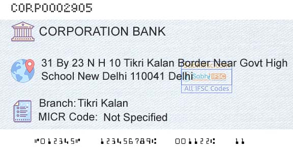 Corporation Bank Tikri KalanBranch 