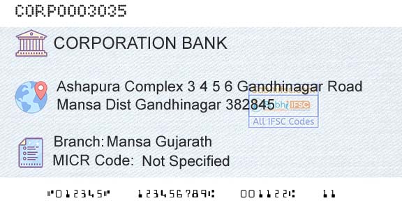 Corporation Bank Mansa GujarathBranch 