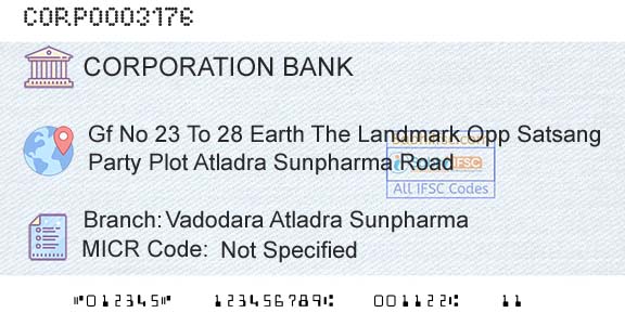 Corporation Bank Vadodara Atladra SunpharmaBranch 