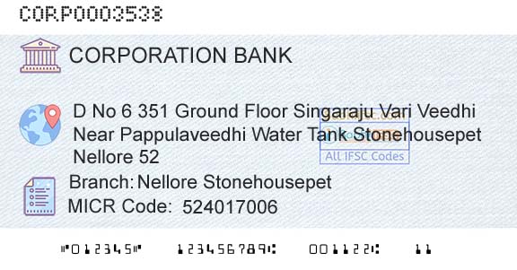 Corporation Bank Nellore StonehousepetBranch 