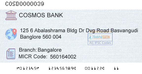 The Cosmos Co Operative Bank Limited BangaloreBranch 
