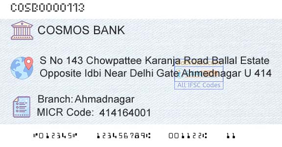 The Cosmos Co Operative Bank Limited AhmadnagarBranch 
