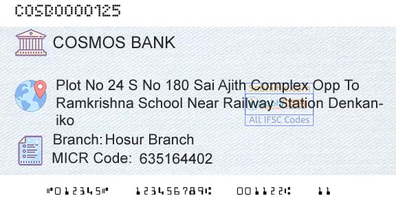 The Cosmos Co Operative Bank Limited Hosur BranchBranch 