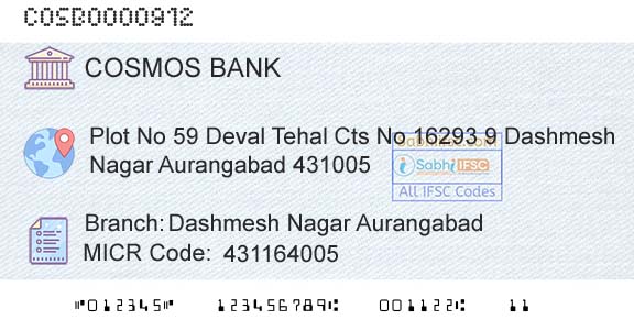 The Cosmos Co Operative Bank Limited Dashmesh Nagar AurangabadBranch 