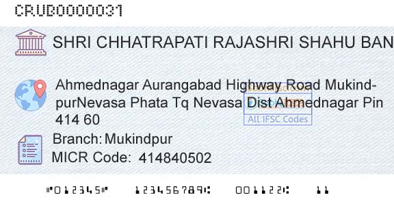 Shri Chhatrapati Rajashri Shahu Urban Cooperative Bank Limited MukindpurBranch 