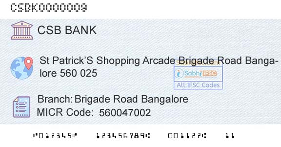 Csb Bank Limited Brigade Road BangaloreBranch 