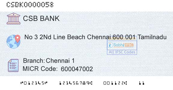 Csb Bank Limited Chennai 1Branch 