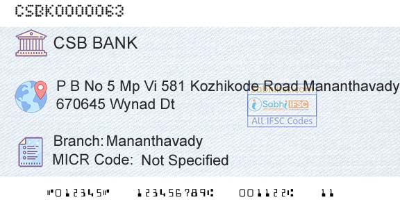 Csb Bank Limited MananthavadyBranch 