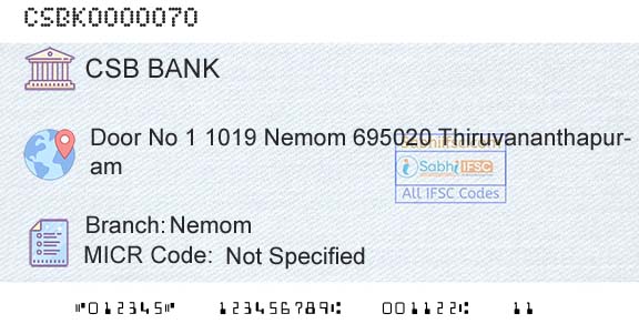 Csb Bank Limited NemomBranch 