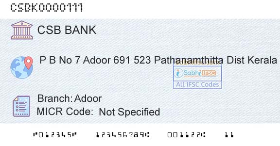 Csb Bank Limited AdoorBranch 