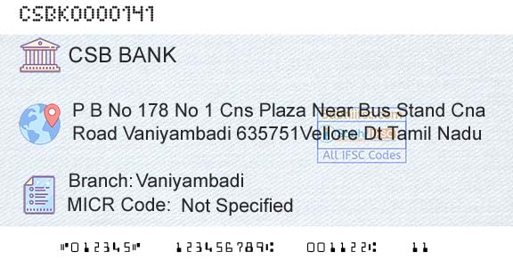 Csb Bank Limited VaniyambadiBranch 