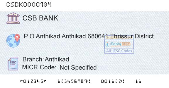 Csb Bank Limited AnthikadBranch 