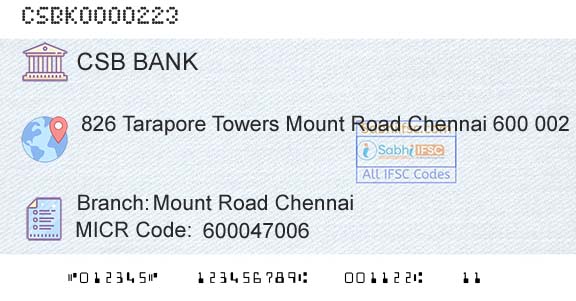 Csb Bank Limited Mount Road ChennaiBranch 
