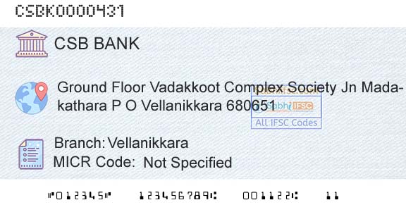 Csb Bank Limited VellanikkaraBranch 