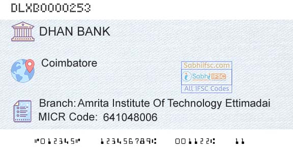 Dhanalakshmi Bank Amrita Institute Of Technology EttimadaiBranch 