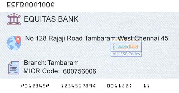 Equitas Small Finance Bank Limited TambaramBranch 