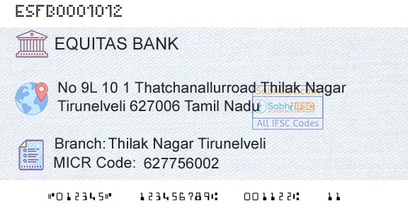 Equitas Small Finance Bank Limited Thilak Nagar TirunelveliBranch 
