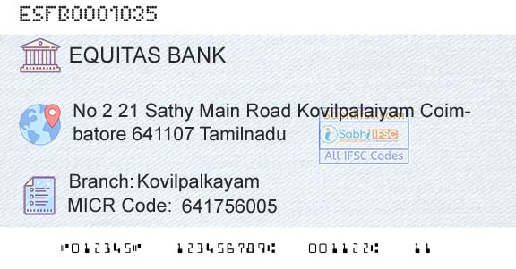 Equitas Small Finance Bank Limited KovilpalkayamBranch 