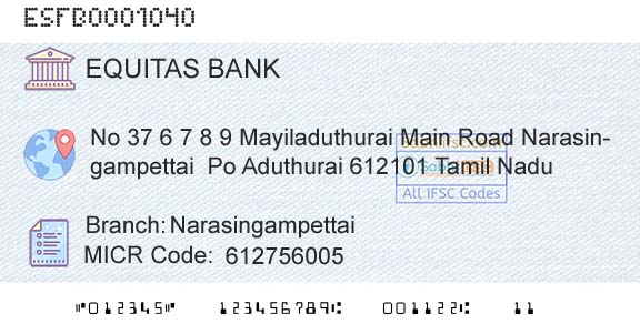 Equitas Small Finance Bank Limited NarasingampettaiBranch 