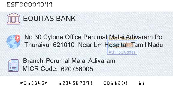 Equitas Small Finance Bank Limited Perumal Malai AdivaramBranch 