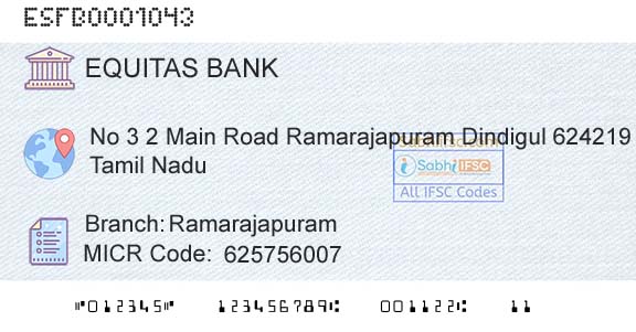 Equitas Small Finance Bank Limited RamarajapuramBranch 