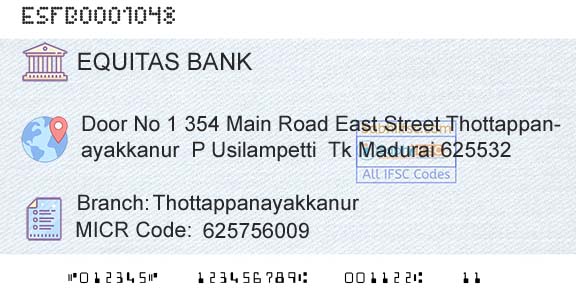 Equitas Small Finance Bank Limited ThottappanayakkanurBranch 