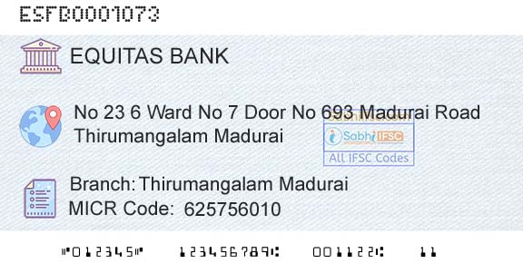 Equitas Small Finance Bank Limited Thirumangalam MaduraiBranch 