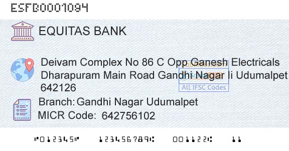 Equitas Small Finance Bank Limited Gandhi Nagar UdumalpetBranch 