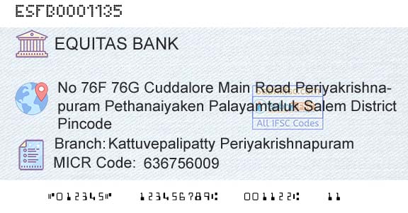 Equitas Small Finance Bank Limited Kattuvepalipatty PeriyakrishnapuramBranch 