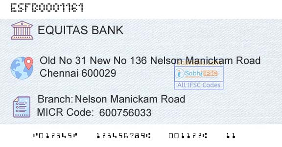 Equitas Small Finance Bank Limited Nelson Manickam RoadBranch 