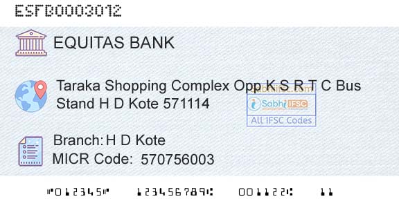 Equitas Small Finance Bank Limited H D KoteBranch 