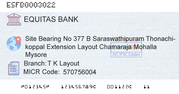 Equitas Small Finance Bank Limited T K LayoutBranch 