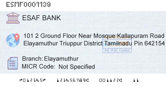 Esaf Small Finance Bank Limited ElayamuthurBranch 