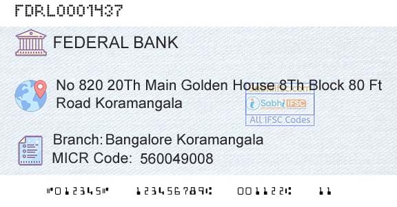 Federal Bank Bangalore KoramangalaBranch 