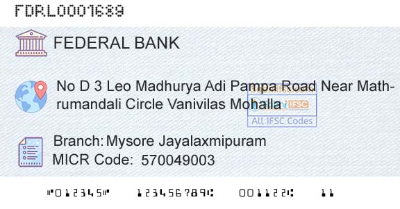 Federal Bank Mysore JayalaxmipuramBranch 
